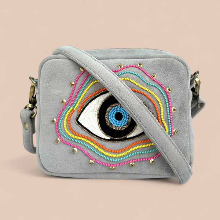 Handmade Embroidered Evil Eye Design Velvet Sling Bag