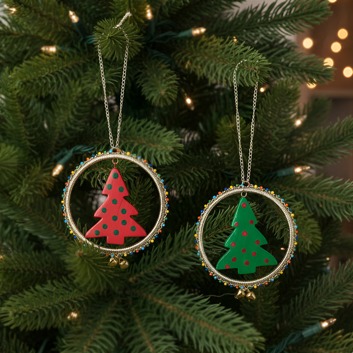 2 Pc | Handmade Beaded Red & Green Xmas Tree Ornaments For Christmas Decoration