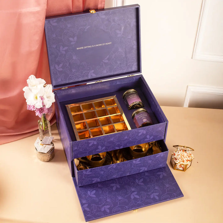 Premium Royal Revelrie Diwali Gift Hamper | Includes 2 Dry Fruit Jars, 1 Kaju Katli, 2 Brass Tea Sets, 1 Gift Box