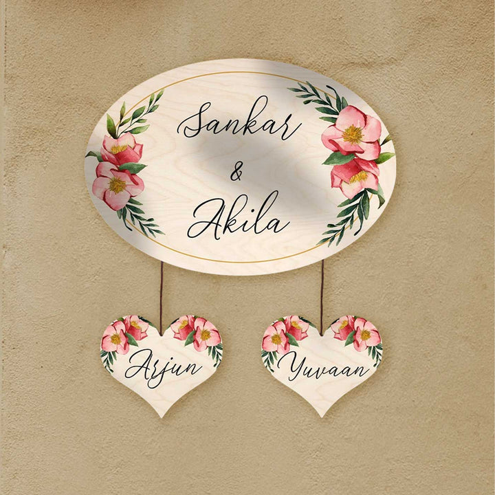 Printed Floral Wooden Oval Nameplate For Family
