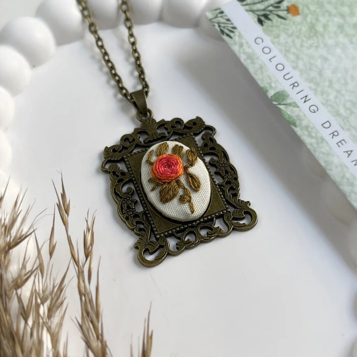 Hand Embroidered Flamingo Petals Antique Finish Necklace