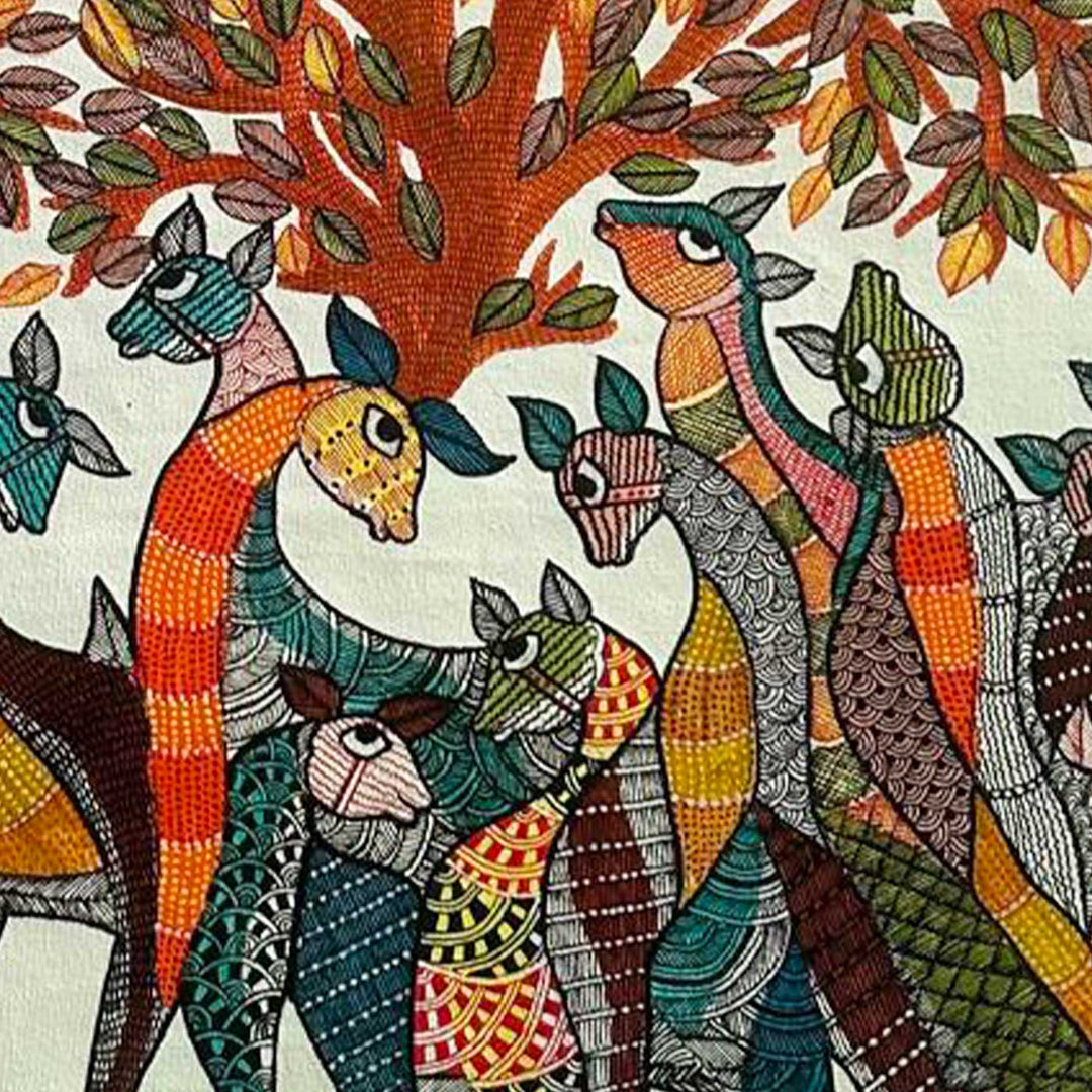 24 x 36 Inch | Giraffes & Birds | Original Hand Painted Tribal Gond Art Painting | Acrylic Paints On Paper