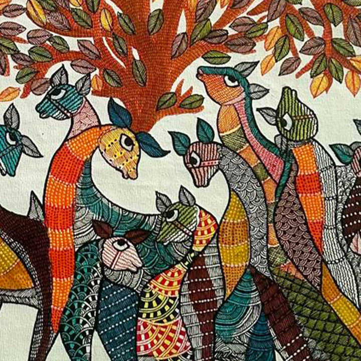 24 x 36 Inch | Giraffes & Birds | Original Hand Painted Tribal Gond Art Painting | Acrylic Paints On Paper