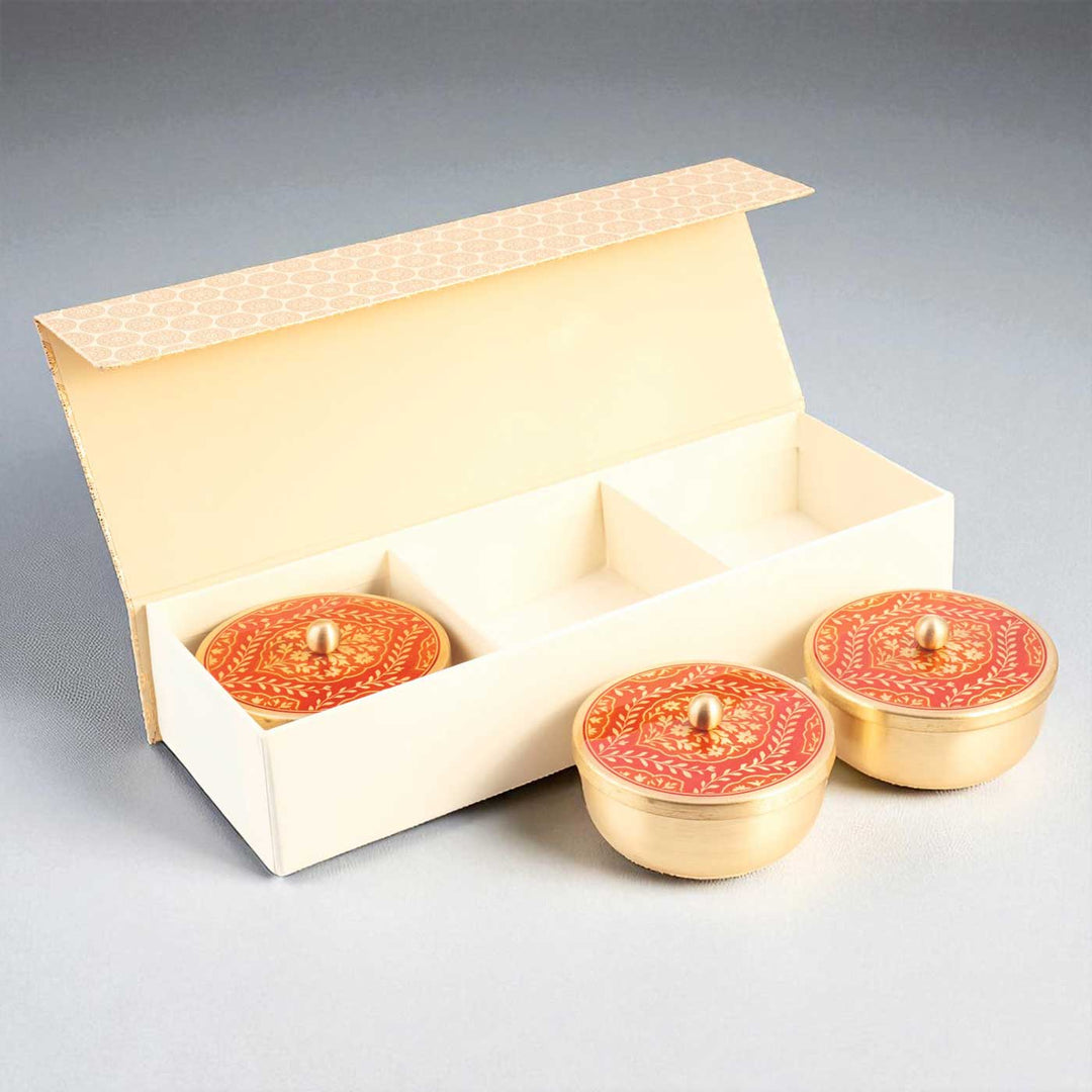 Hand-Painted Sanskaar Brass Gift Hamper | Includes 3 Containers And 1 Gift Box