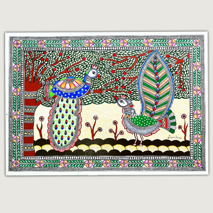 11 x 16 Inch | Peacock Under The Tree | Original Hand Painted Madhubani Painting On Paper
