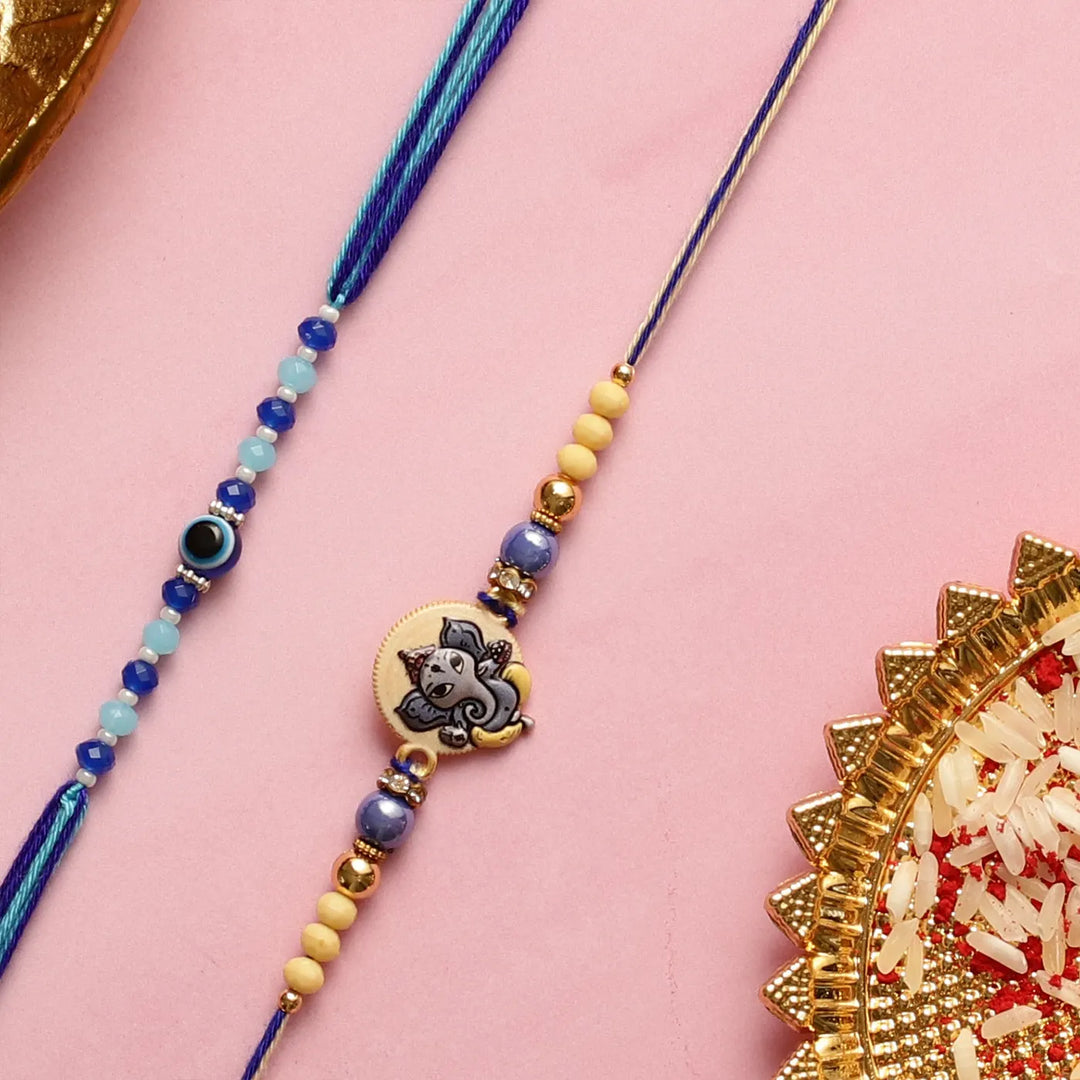 Handmade Ganesha & Evil Eye Kids Rakhi With Roli Chawal | Set Of 2