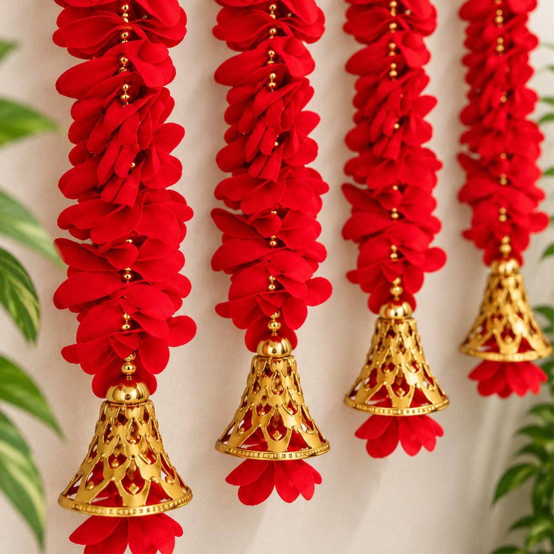 Handcrafted Small Red Artificial Flower Door Hangings With Bell Tassels