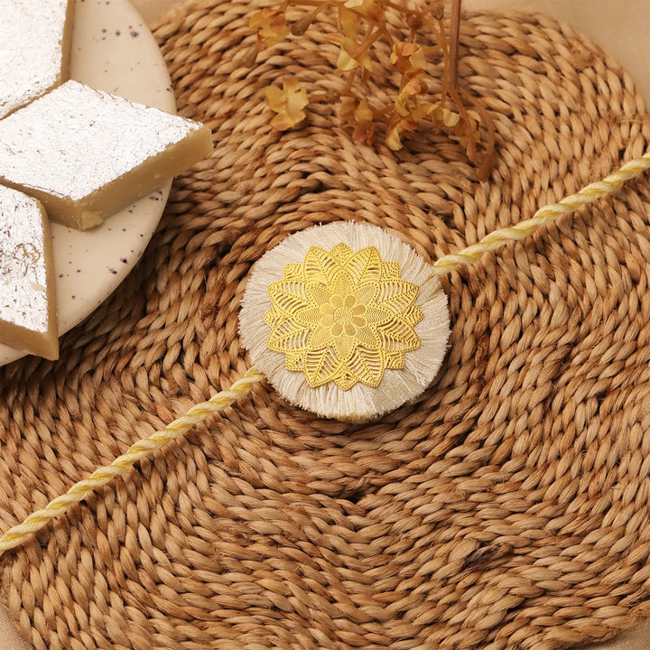 Handmade White & Golden Mandala Rakhi With Roli Chawal