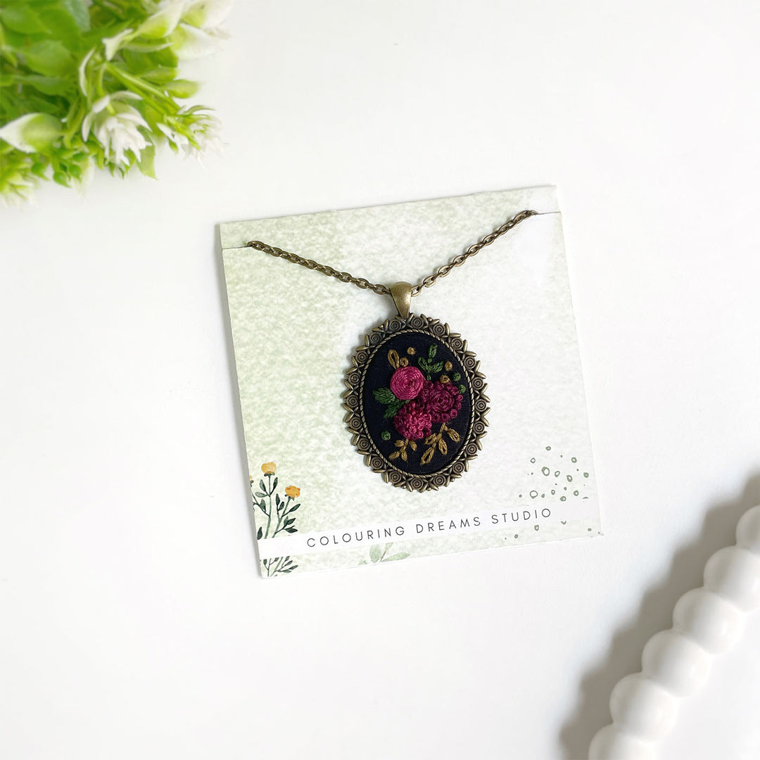 Hand Embroidered Black Soil Bloom Antique Finish Necklace