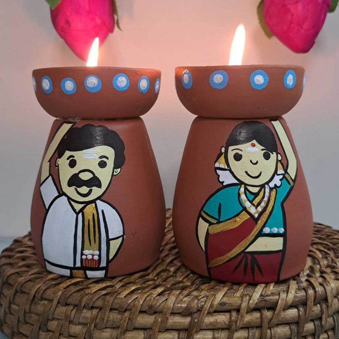 Hand-Painted Bengali Couple Theme Terracotta Tealight Holder | Set Of 2