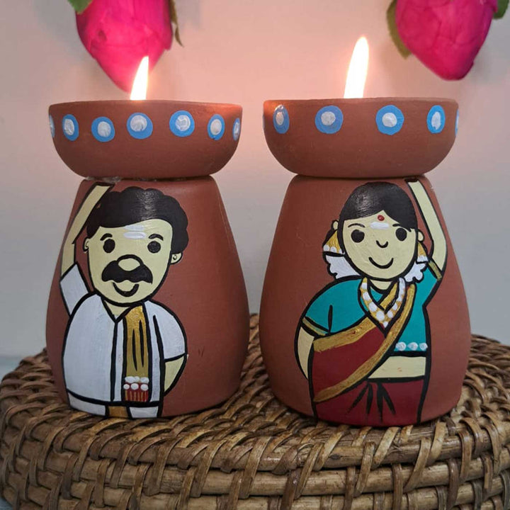 Hand-Painted Bengali Couple Theme Terracotta Tealight Holder | Set Of 2