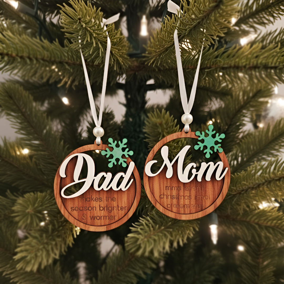 2 Pc | Handmade Round Mom & Dad MDF Wood Ornaments For Christmas Tree Decoration