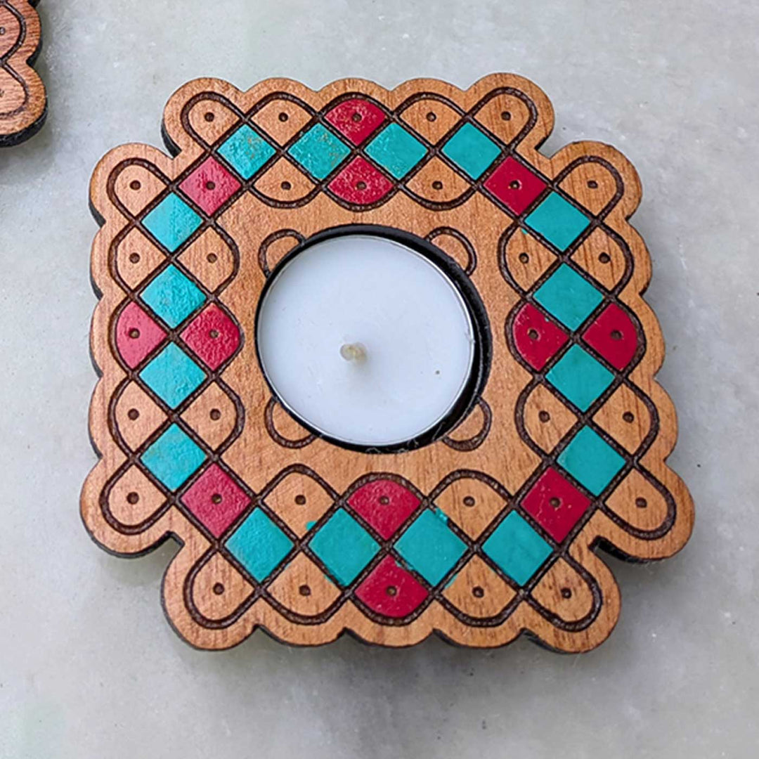 4 pc | Wave Lattice Hand-Painted Engraved Mahogany Wood Kolam Tealight Holders