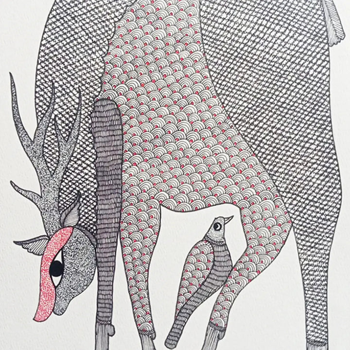 11 x 16 Inch | Deer & Bird Bond | Original Hand Painted Tribal Gond Art Painting | Acrylic Paint On Paper
