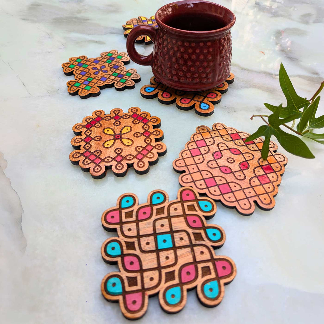 6 pc | Hand-Painted Engraved Mahogany Wood Kolam Coasters For Coffee Table & Dining Decor