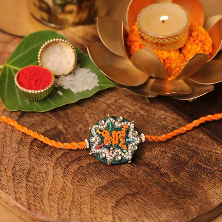 Handmade Beaded Bhai Rakhi With Roli Chawal