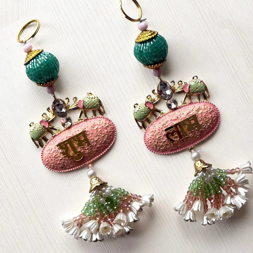 Handmade Beaded Elephant Motif Shubh Labh Hangings | Set Of 2