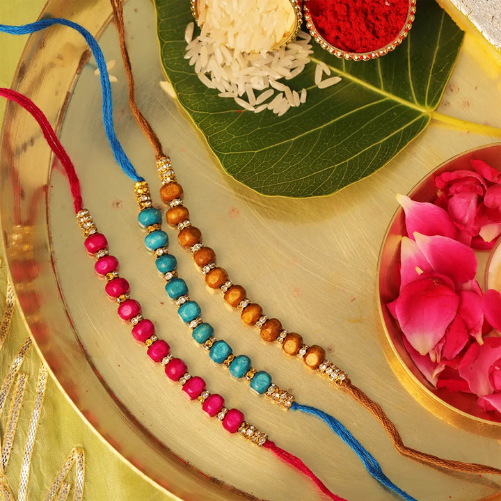 Handmade Beaded Wooden Rakhi With Roli Chawal | Set Of 3