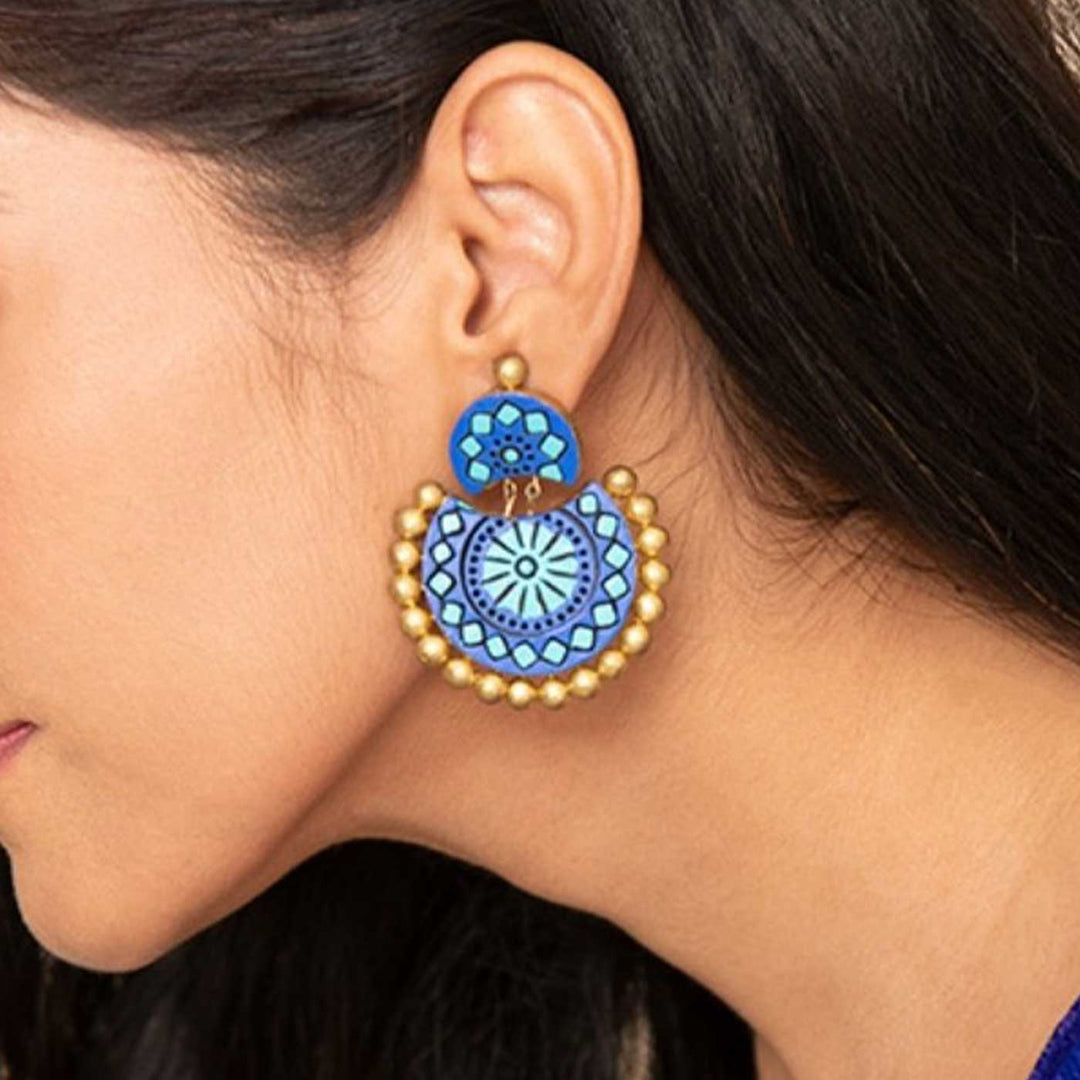 Handmade Beaded Blue Polka Terracotta Earrings