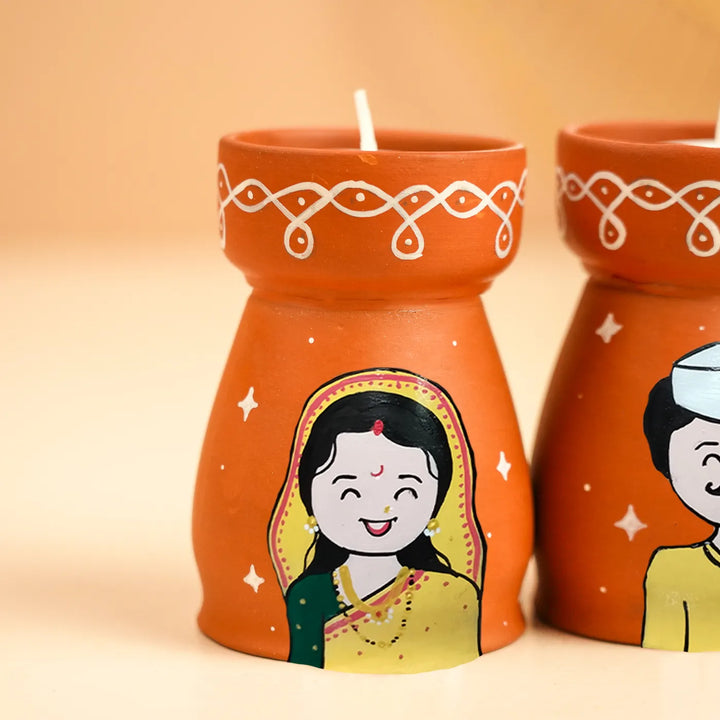 Hand-Painted Maharata Couple Terracotta Tealight Holder | Set Of 2