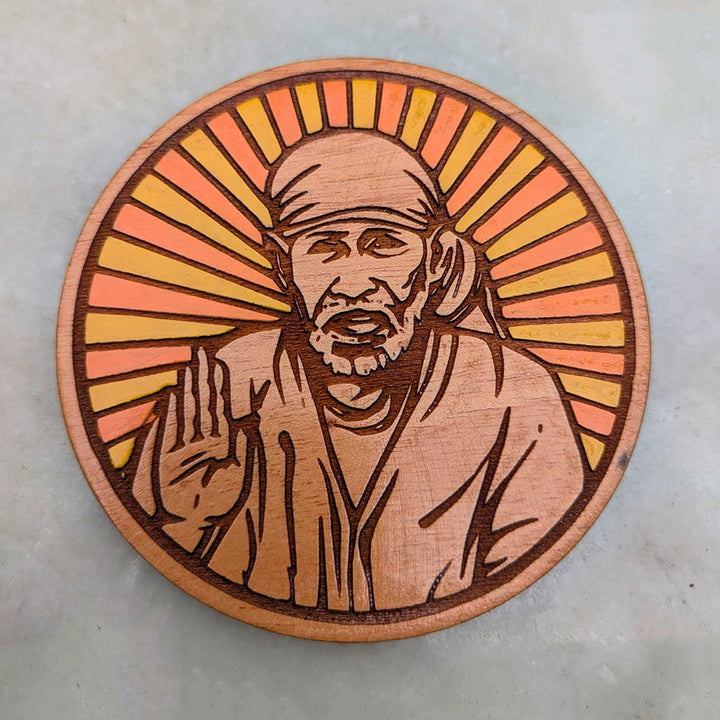 Engraved & Hand-Painted Sai Baba Blessing Mahogany Wood Fridge Magnet