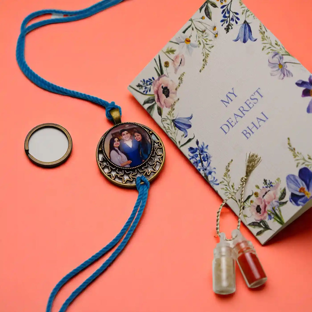 Photo Personalized Reusable Antique Bhaiya Bhabhi Rakhi With Roli Chawal Set Of 2 - Keychain with Box Packaging