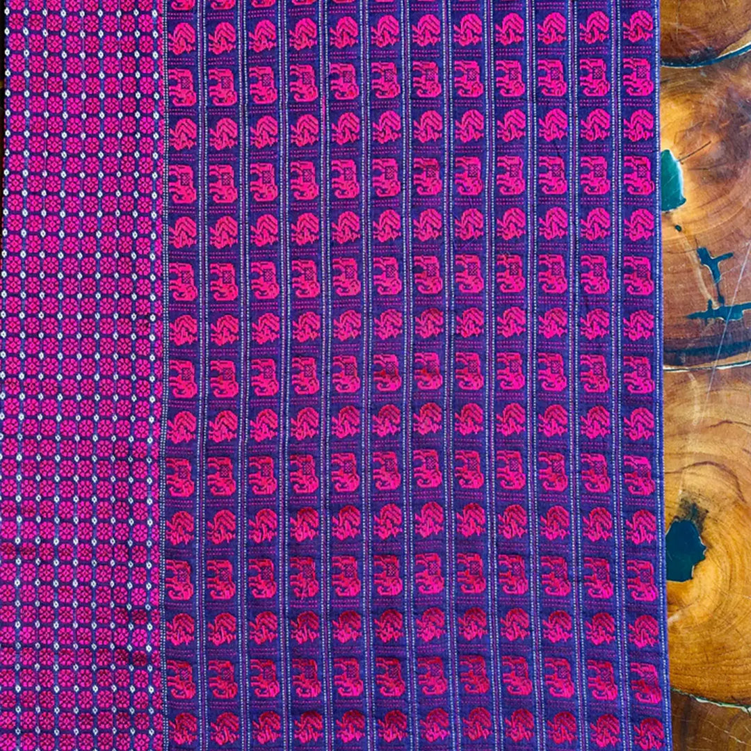 Handmade Purple Elephant & Peacock Design Khunn Fabric Cotton Table Runner | 12 x 60 Inch