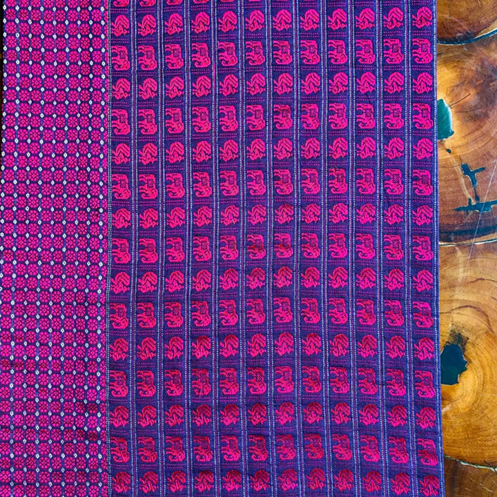 Handmade Purple Elephant & Peacock Design Khunn Fabric Cotton Table Runner | 12 x 60 Inch