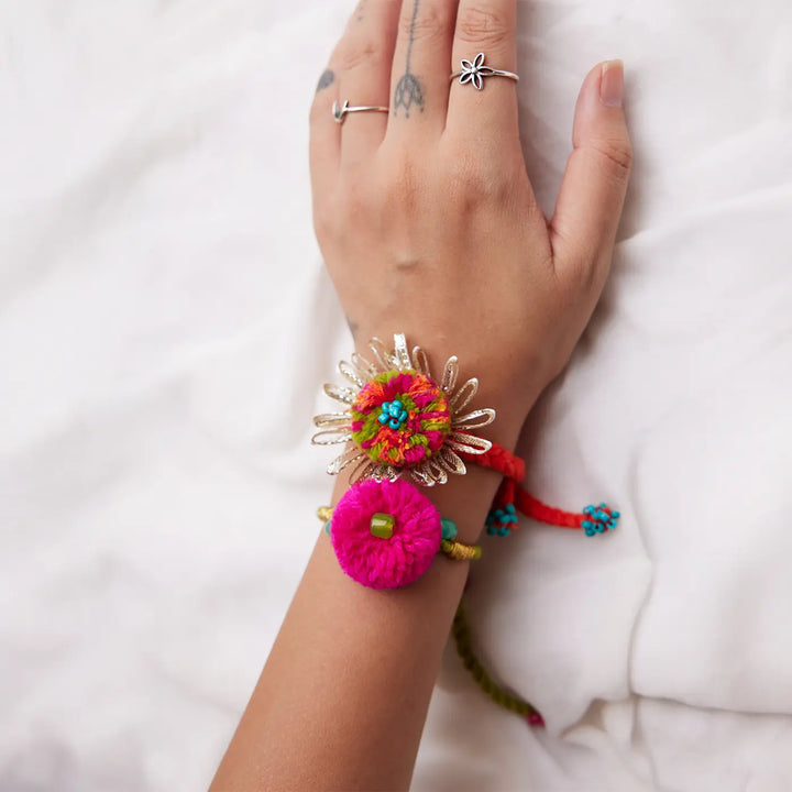 2 pc Rakhi + Brass Thali Set | Premium Cucckoo Beaded Pom Pom Rakhi Set with Roli Chawal
