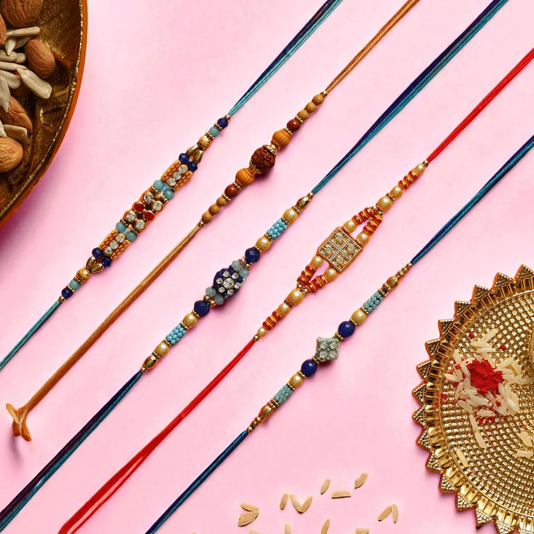 Handmade Beaded Stone Embellished Rakhi With Roli Chawal | Set Of 5