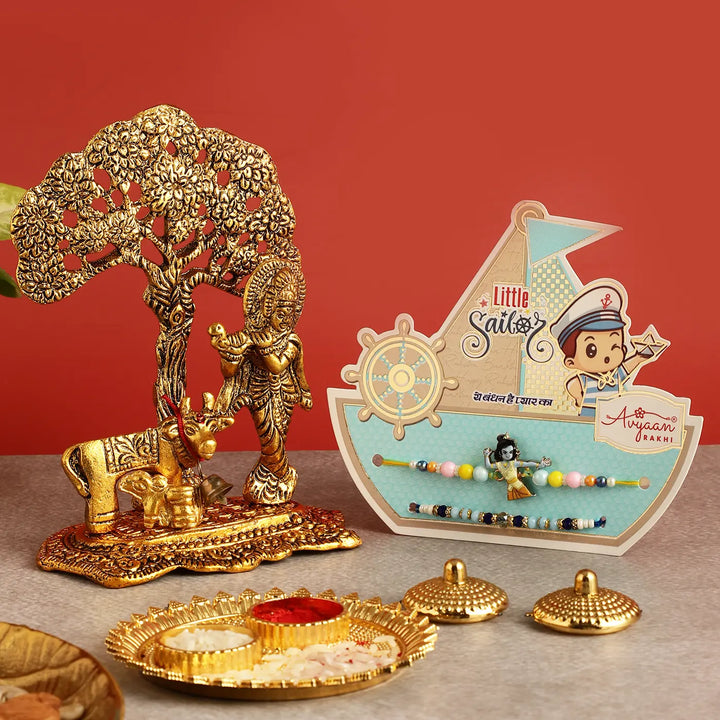 Handmade Krishna Rakhi Hamper | Includes 1 Krishna With Kadamba Tree Idol, 2 Rakhis, 1 Roli Chawal