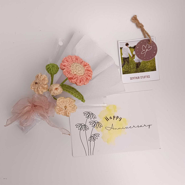 Handmade Crochet Peach & Cream Mini Flower Bouquet | Includes Photo & Greeting Card