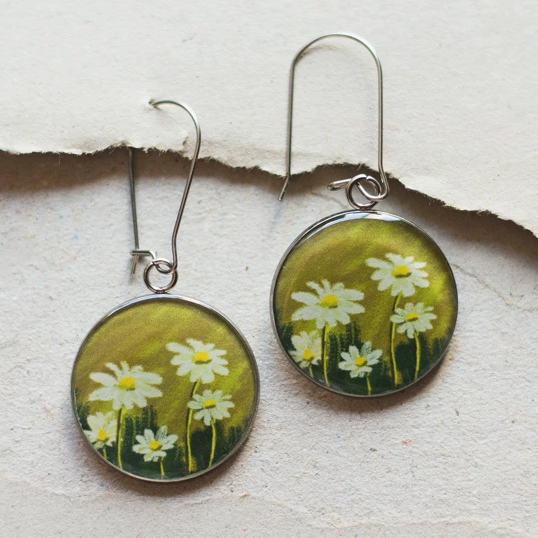 Illustrated Daisies Flower Design Resin & Stainless Steel Earrings