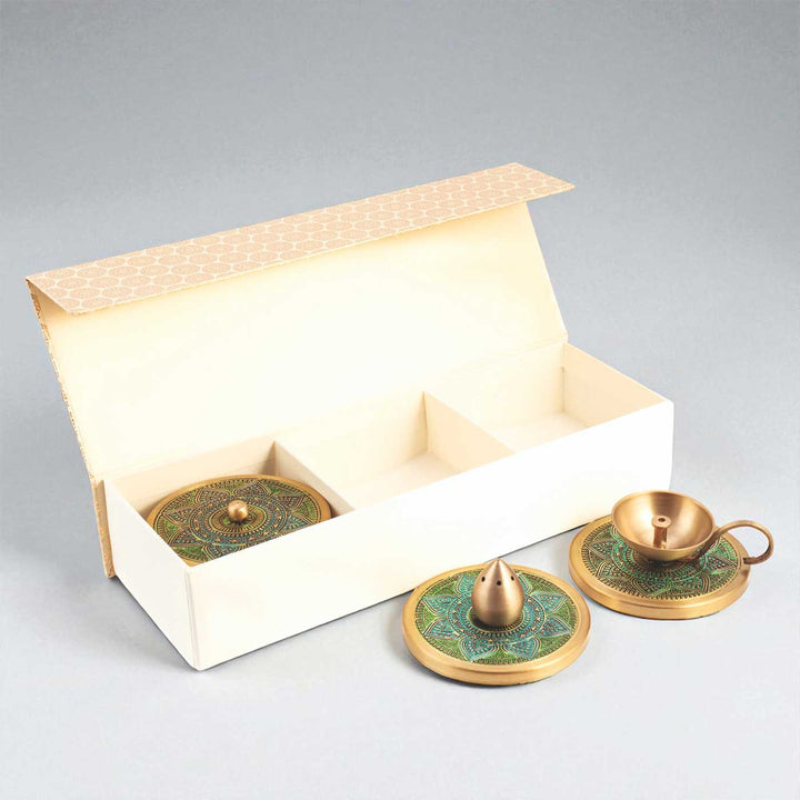Hand-Painted Vrinda Brass Gift Hamper | Includes 1 Diya, 1 Incense Holder, 2 Containers And 1 Gift Box
