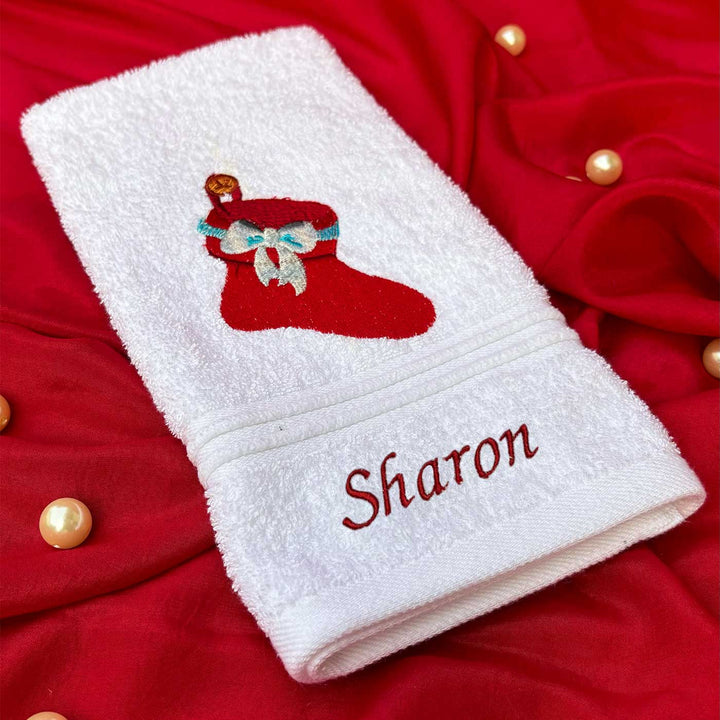 Personalized Stocking & Holly Leaves Embroidered Towel & Candle Hamper | Secret Santa Gift Ideas | Set Of 4