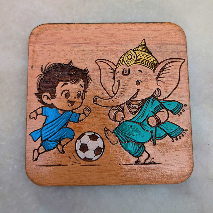 Engraved & Hand-Painted Football Ganesha Mahogany Wood Fridge Magnet