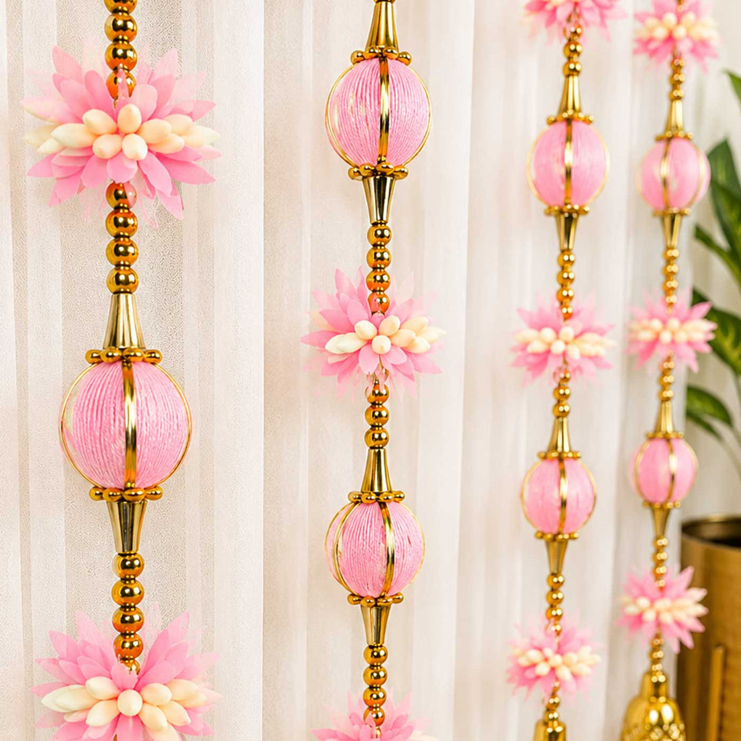 Handcrafted Pink, White & Gold Tassels & Gold Bead Door Hangings For Festive Decor