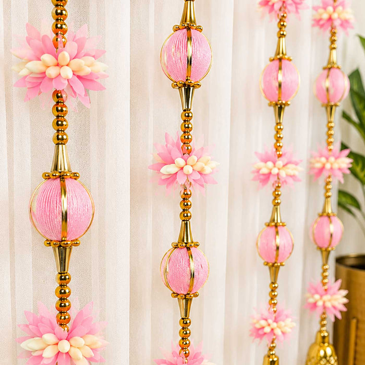 Handcrafted Pink, White & Gold Tassels & Gold Bead Door Hangings For Festive Decor