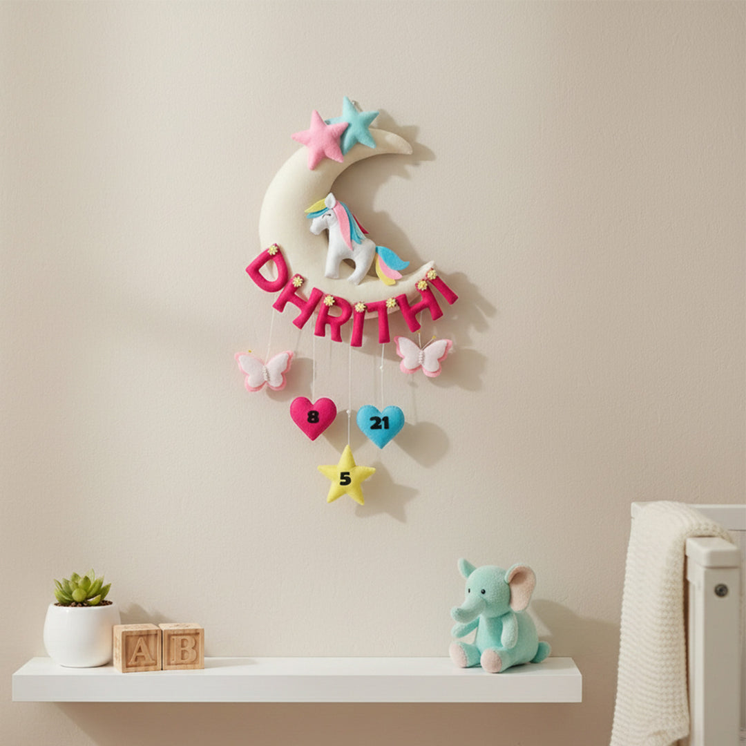 Hand-stitched Unicorn Themed Felt Moon Nameplate with Birthdate