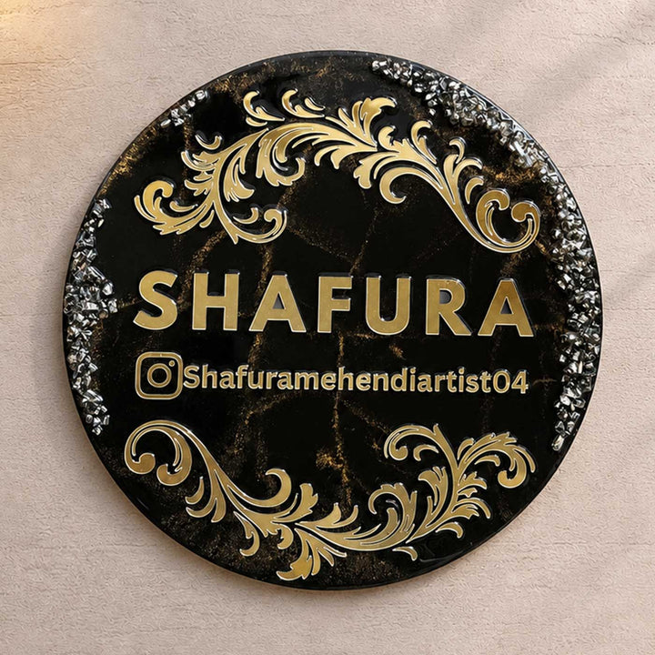 Personalized Handcrafted Round Golden Theme Resin MDF Name Plate For Home