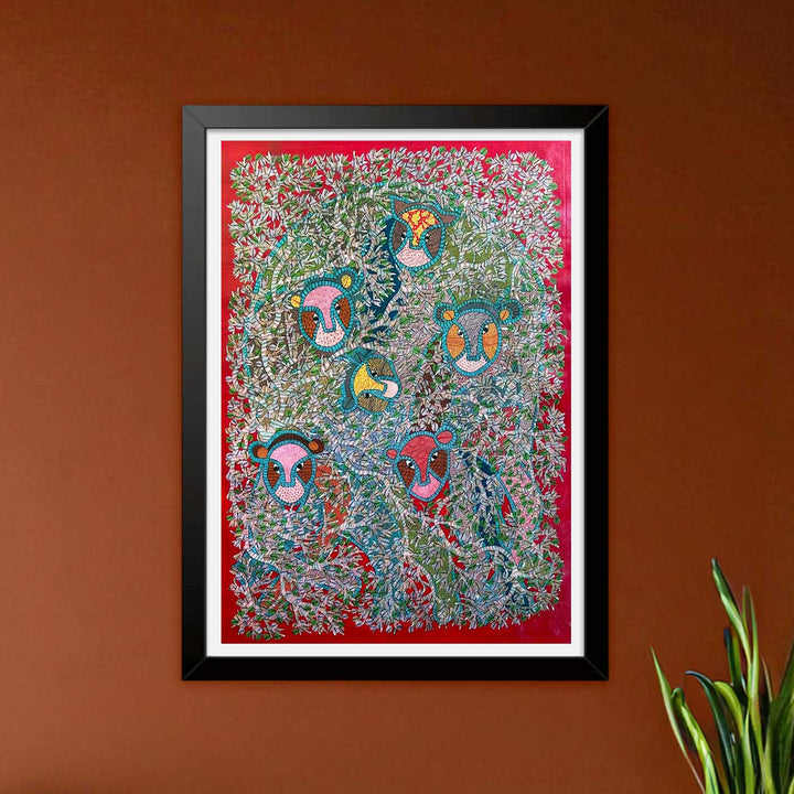 24 x 36 Inch | Lions In The Trees | Original Hand Painted Tribal Gond Art Painting | Acrylic Paints On Paper