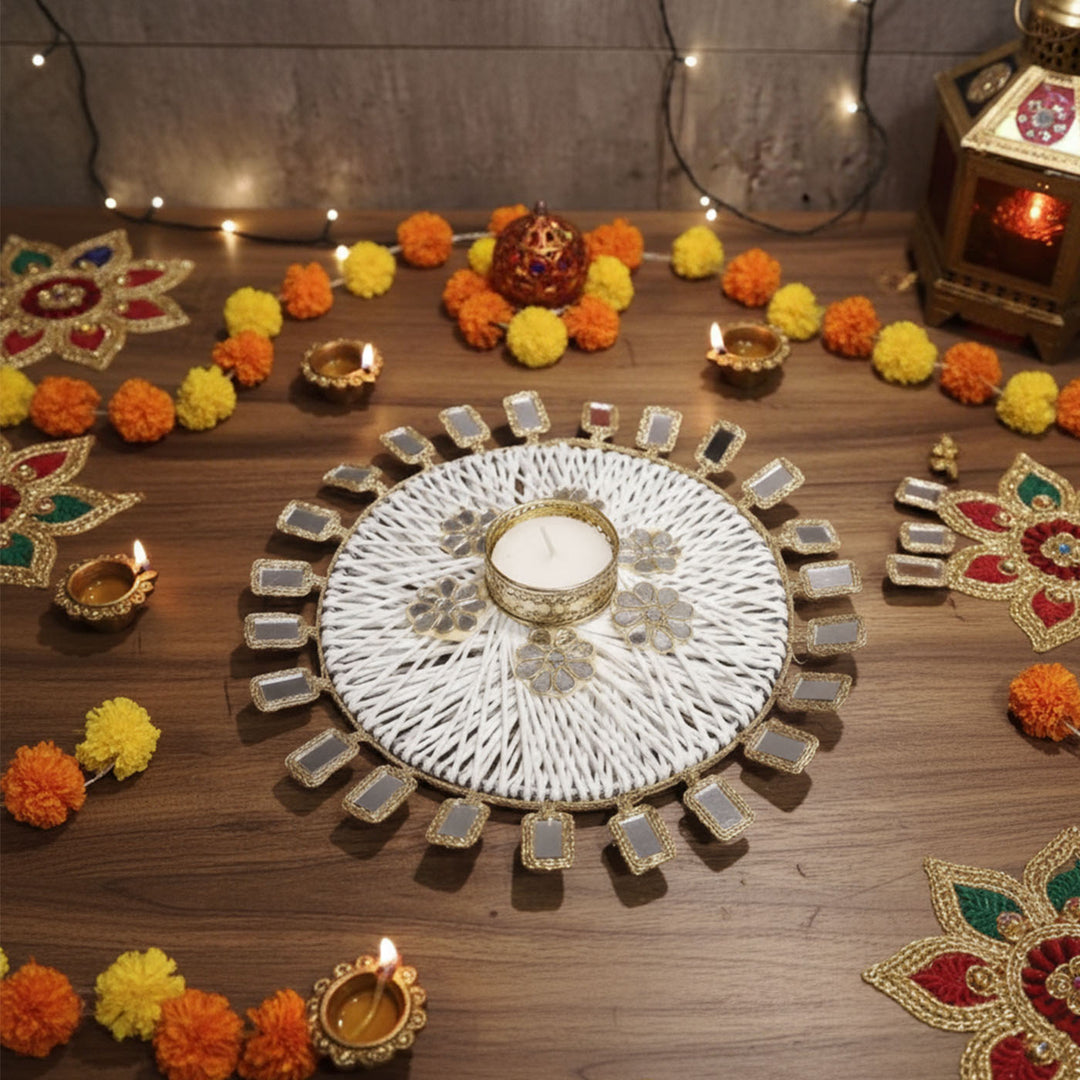 8 Inch | Handmade Mirror Work White & Golden Floral Tealight Holder