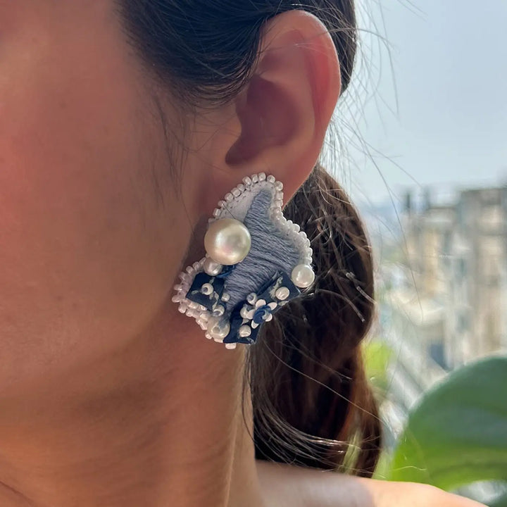 Hand Embroidered Beaded Blue Marine Inspiration Cotton Earrings
