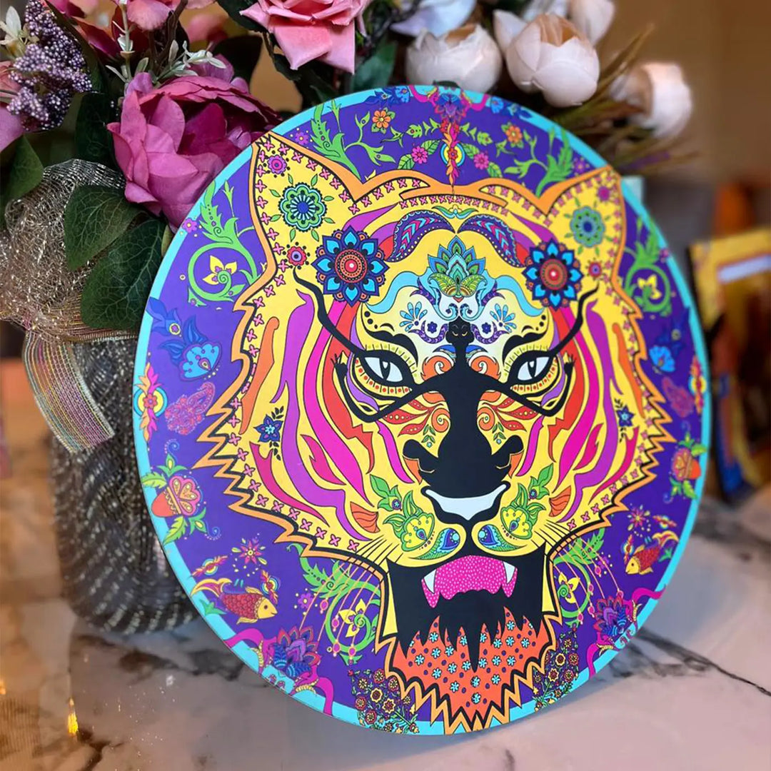 Printed Round Floral Tiger Theme MDF Wood Wall Decor