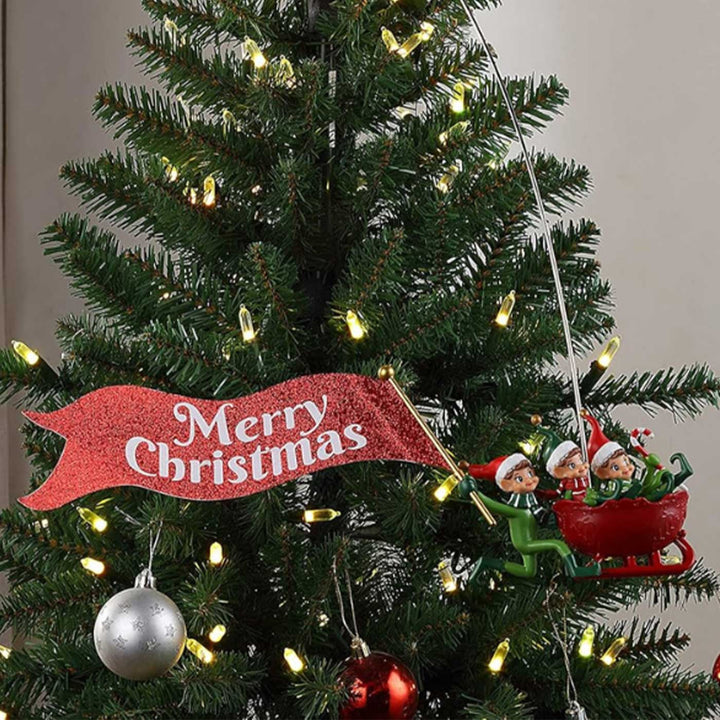 Reusable Animated Elves On The Run Tree Topper With Banner And Light