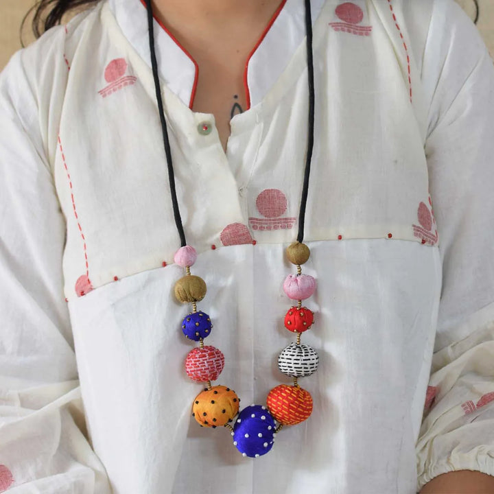 Handmade Textile Art Colorful Round Beads Dupion Silk Fabric Necklace
