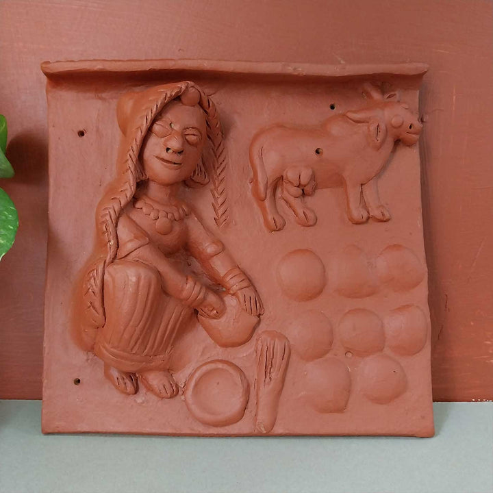 9 x 9 Inch | Women & Cow Dungs | 3D Handmade Terracotta Molela Mural Wall Art Tile