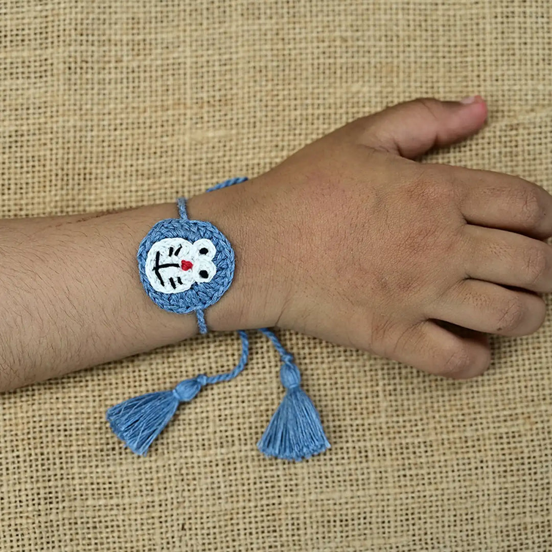 Handmade Crochet Doremon Theme Kids Rakhi With Roli Chawal