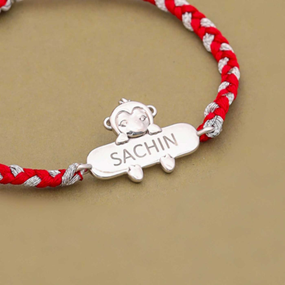 Personalized Handmade Monkey Design Silver Kids Rakhi - Name Engraving Close-up