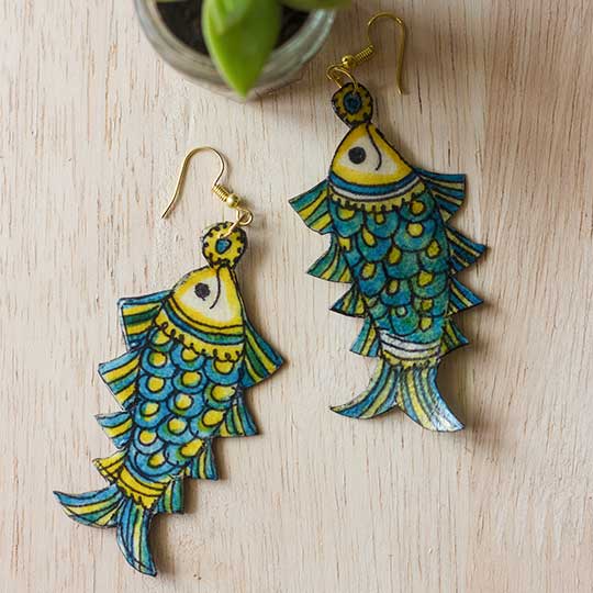 Hand-Painted Blue & Yellow Fish Shaped Leather Earrings